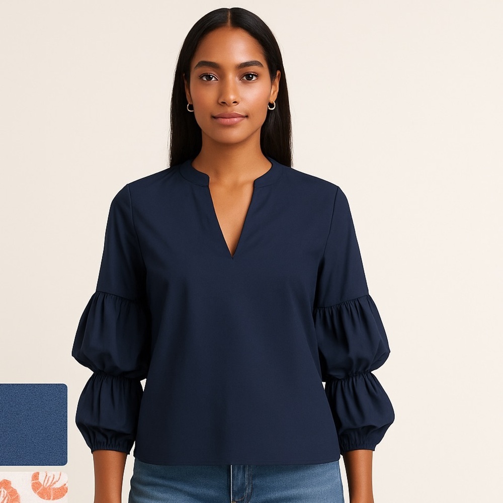 Anthropologie Jane & Delancey Navy Poplin Tiered Statement Sleeve Top Size L